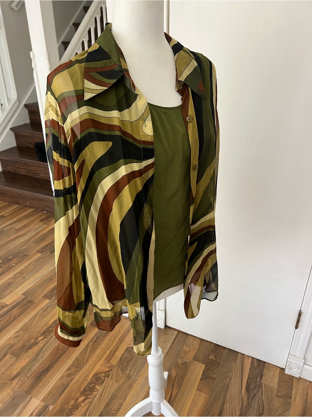 Vintage Sheer Astract Earth Tones Silk Button Down Blouse W/Attached cami, XL